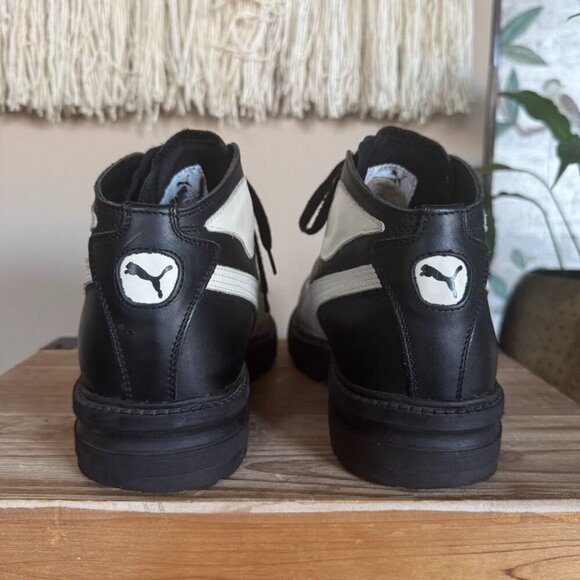 90s Vintage Puma Rudolf Dassler Black Ivory Leather Mid Lug Sole Boots Size 12 - Picture 10 of 17